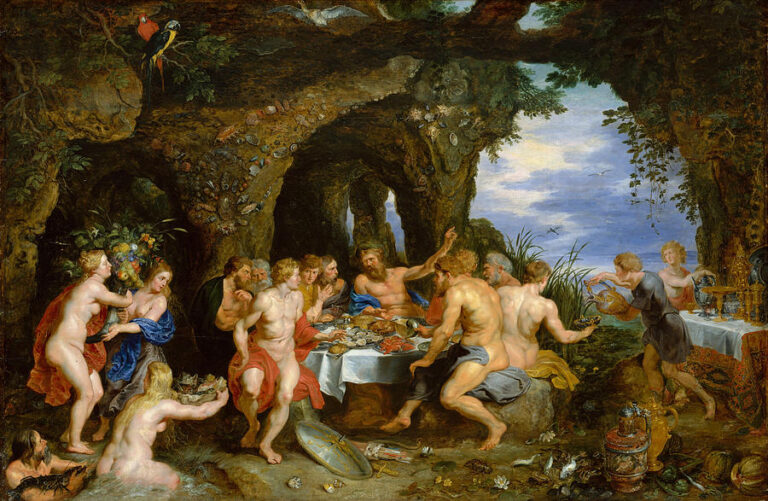 Mythological banquet scene in a rocky seaside grotto, with the river god Achelous and heroic men feasting at a laden table while nude nymphs and attendants bring food and wine, shells and parrots decorating the cave and the sea visible in the distance.