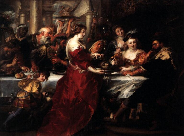Baroque painting by Peter Paul Rubens showing a lavish banquet where Salome in a red dress presents the severed head of John the Baptist on a platter to King Herod and Herodias, surrounded by richly dressed guests and bustling servants around a white-clothed table.