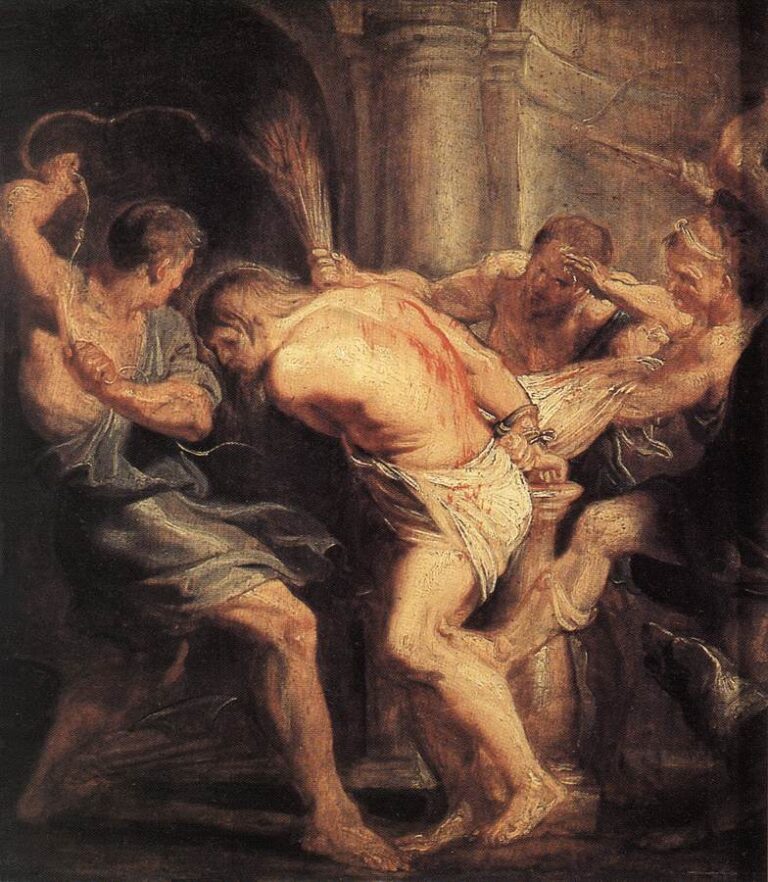 Painting by Peter Paul Rubens showing Christ half naked and bound while several muscular soldiers whip and drag him in a dark architectural setting, red wounds visible across his back and the figures crowded in a tight, violent circle.