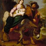 Baroque painting by Murillo showing the Virgin Mary seated on a donkey holding the sleeping Christ Child in her arms, while Joseph in a brown cloak and hat walks beside them with a staff along a country path under a cloudy sky.