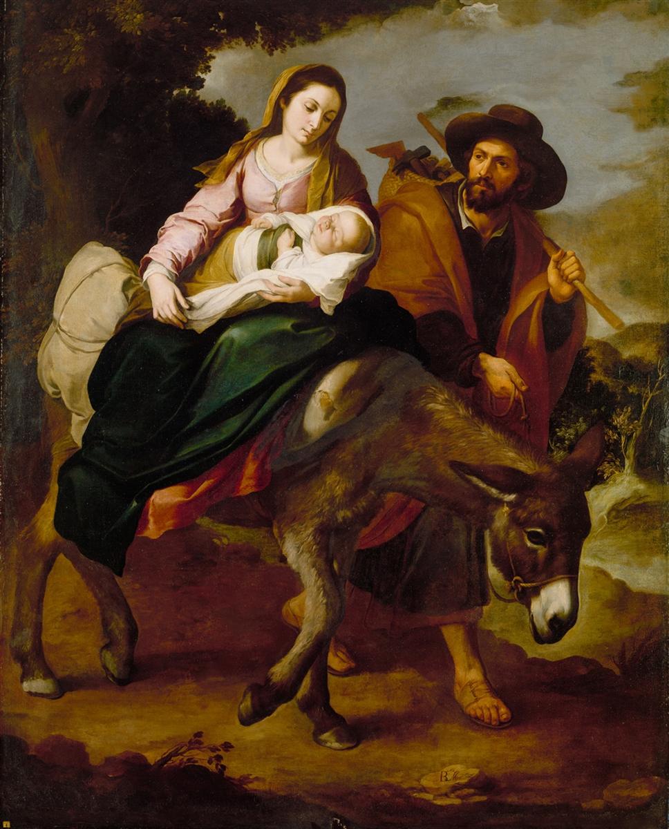 Baroque painting by Murillo showing the Virgin Mary seated on a donkey holding the sleeping Christ Child in her arms, while Joseph in a brown cloak and hat walks beside them with a staff along a country path under a cloudy sky.