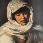 Baroque painting by Murillo showing a young girl wrapped in a large white hood and shawl, smiling at the viewer with a small coin held between her teeth, her right hand grasping the fabric against a dark background.