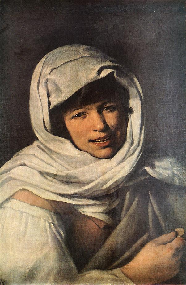 Baroque painting by Murillo showing a young girl wrapped in a large white hood and shawl, smiling at the viewer with a small coin held between her teeth, her right hand grasping the fabric against a dark background.