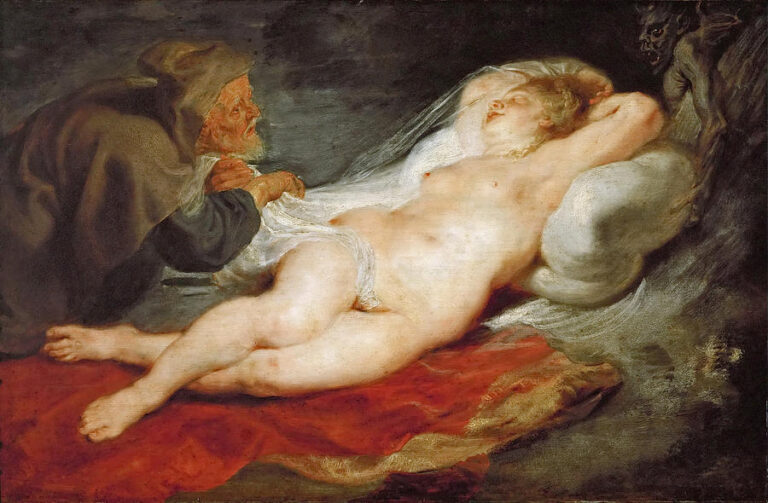 Baroque painting “The Hermit and the Sleeping Angelica” by Peter Paul Rubens showing a nude Angelica sleeping on red cloth while a hooded hermit lifts her veil and a small demon watches from the dark background.