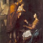 Painting by Bartolomé Esteban Murillo showing Joseph standing in a workshop holding the infant Jesus and leaning forward to place him into the open arms of the seated Mary, illuminated by soft light against a dark interior.