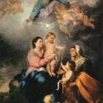Baroque painting by Bartolome Esteban Murillo showing the Virgin Mary seated outdoors holding the standing Christ Child, with Saint Elizabeth and the young John the Baptist beside them, a lamb in the foreground, and God the Father, the Holy Spirit, and cherubs appearing in glowing clouds above.