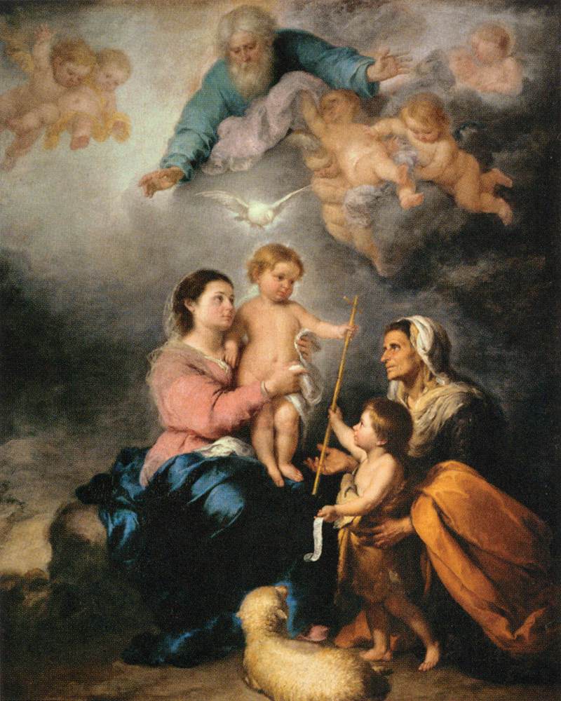 Baroque painting by Bartolome Esteban Murillo showing the Virgin Mary seated outdoors holding the standing Christ Child, with Saint Elizabeth and the young John the Baptist beside them, a lamb in the foreground, and God the Father, the Holy Spirit, and cherubs appearing in glowing clouds above.