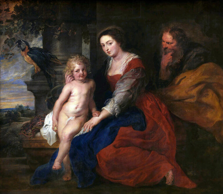 Baroque painting of the Holy Family outdoors, with the Virgin Mary in a red and blue dress seated beside the nude Christ Child on a stone ledge, Saint Joseph brooding in the background, and a colorful parrot perched on a balustrade against a distant landscape.