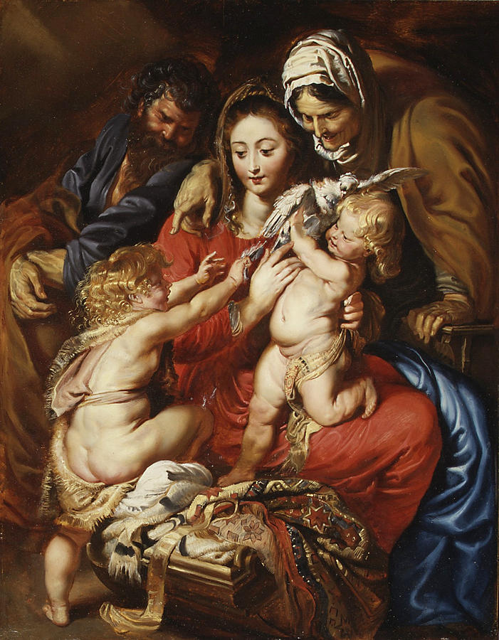 Painting of the Holy Family with Mary in red holding the Christ Child, Joseph and Saint Elizabeth leaning in behind her, and the young John the Baptist reaching toward a dove, all gathered closely in a warm, intimate scene.