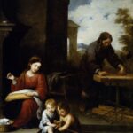 Seventeenth century painting by Bartolome Esteban Murillo showing Mary seated with sewing while the Christ Child and the infant St. John the Baptist play on the steps and Joseph works at a carpenter’s bench in a sunlit courtyard.