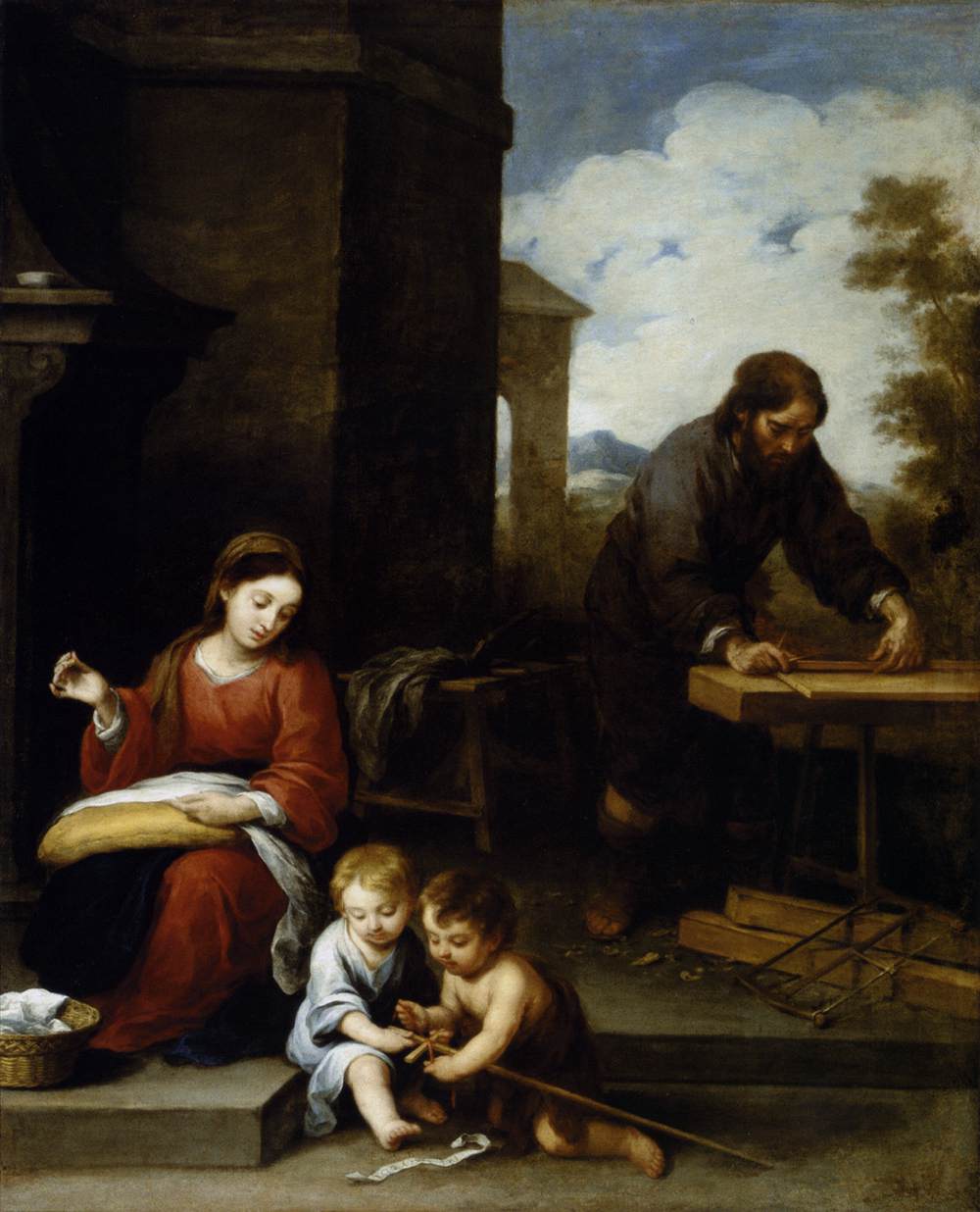 Seventeenth century painting by Bartolome Esteban Murillo showing Mary seated with sewing while the Christ Child and the infant St. John the Baptist play on the steps and Joseph works at a carpenter’s bench in a sunlit courtyard.