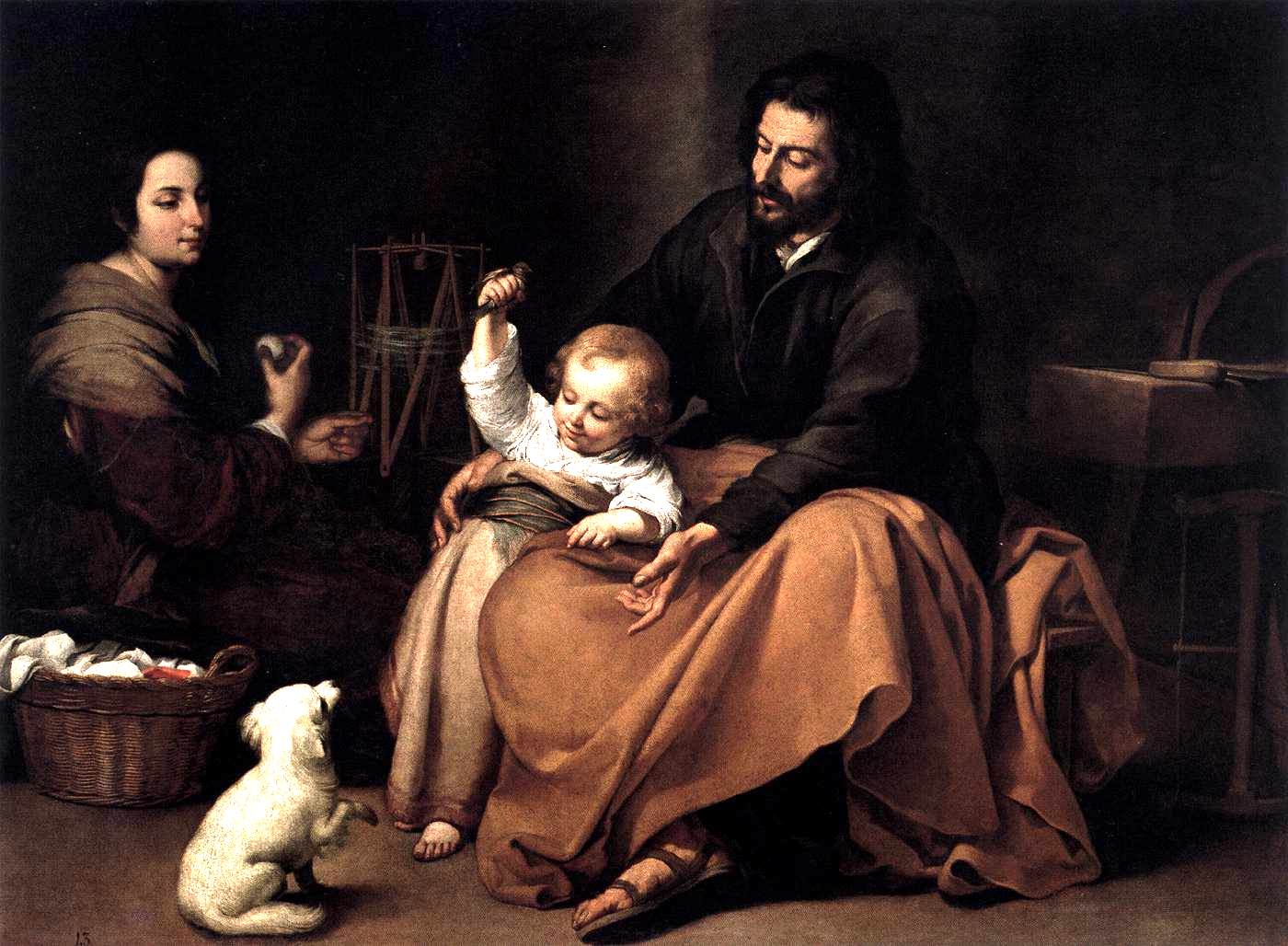 Painting of the Holy Family by Murillo showing Joseph seated with the toddler Jesus on his lap playing with a small bird, Mary spinning thread beside a basket of linen, and a white dog standing on its hind legs watching the game inside a simple workshop interior.