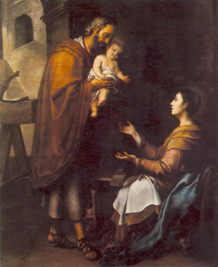 Painting by Bartolomé Esteban Murillo showing Joseph standing in a workshop holding the infant Jesus and leaning forward to place him into the open arms of the seated Mary, illuminated by soft light against a dark interior.