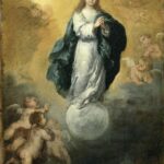 Painting by Bartolomé Esteban Murillo showing a youthful Virgin Mary in a white dress and blue mantle standing on a glowing sphere above clouds, surrounded by cherubs and warm golden light in a depiction of the Immaculate Conception.