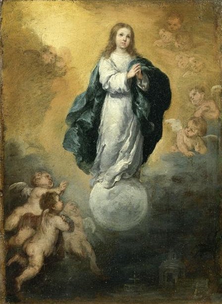 Painting by Bartolomé Esteban Murillo showing a youthful Virgin Mary in a white dress and blue mantle standing on a glowing sphere above clouds, surrounded by cherubs and warm golden light in a depiction of the Immaculate Conception.