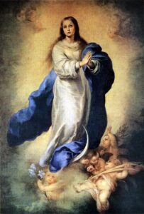 Vertical Baroque painting by Bartolomé Esteban Murillo showing the Virgin Mary in a white dress and blue mantle floating on golden clouds, hands clasped in prayer, surrounded below by cherub angels holding lilies and roses.