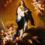 Baroque painting by Murillo showing the Virgin Mary in white and blue garments standing on clouds surrounded by cherubs, hands clasped in prayer and eyes lifted toward a golden sky, representing the doctrine of the Immaculate Conception.