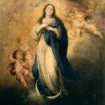 Baroque painting by Bartolomé Esteban Murillo showing the Virgin Mary in white and blue standing on a crescent moon among clouds and cherubs, while God the Father appears above her in a golden light extending his arms in blessing.