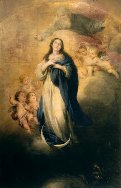 Baroque painting by Bartolomé Esteban Murillo showing the Virgin Mary in white and blue standing on a crescent moon among clouds and cherubs, while God the Father appears above her in a golden light extending his arms in blessing.
