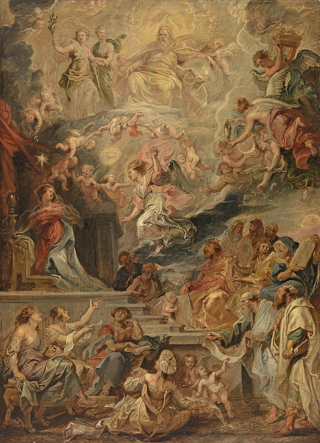 Baroque painting by Peter Paul Rubens showing God the Father enthroned in heaven, angels swirling through glowing clouds, the Virgin Mary receiving a heavenly message on the left, and prophets and sibyls debating with scrolls on broad steps below.