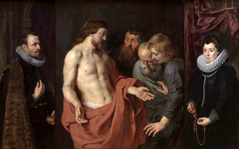 Baroque painting by Peter Paul Rubens showing the resurrected Christ half-nude at the center displaying his side wound to St Thomas and two apostles, while a finely dressed man with a book and a woman with a rosary stand on either side as donor portraits.