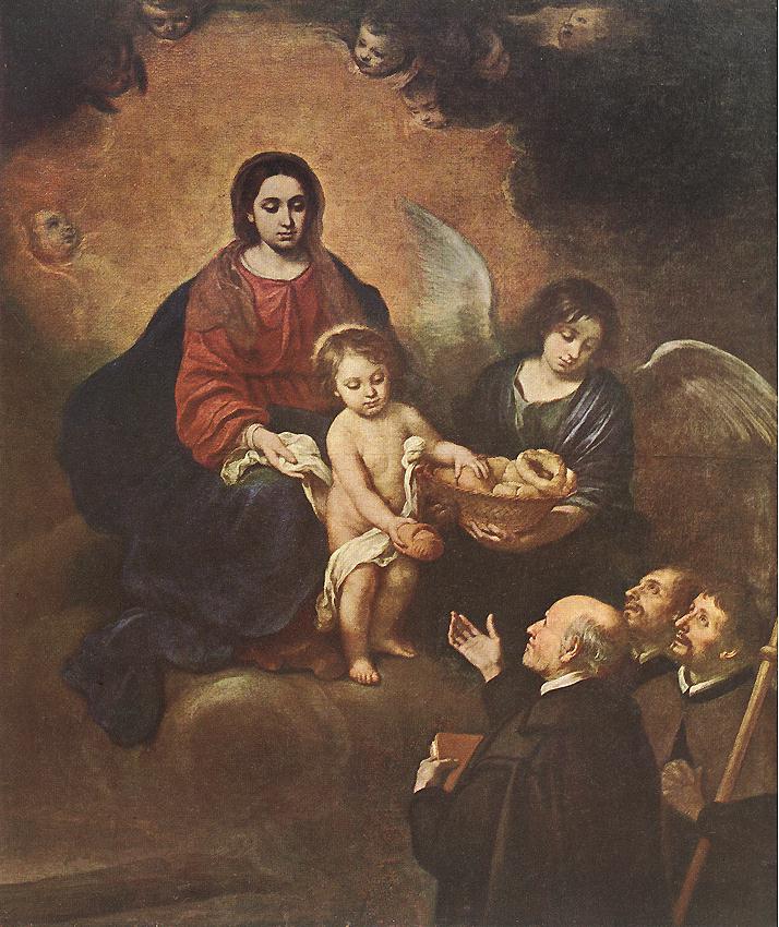 Baroque painting by Bartolomé Esteban Murillo showing the Infant Jesus on a cloud beside the Virgin Mary and an angel handing bread from a basket to kneeling pilgrims below, with cherub heads in glowing clouds above.