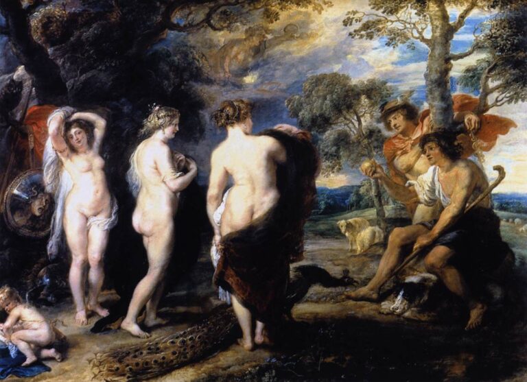 Baroque painting by Peter Paul Rubens showing three nude goddesses standing at the left while the shepherd Paris, seated with Mercury under a tree at the right, holds a golden apple toward them, all set in a spacious pastoral landscape with distant sky and trees.