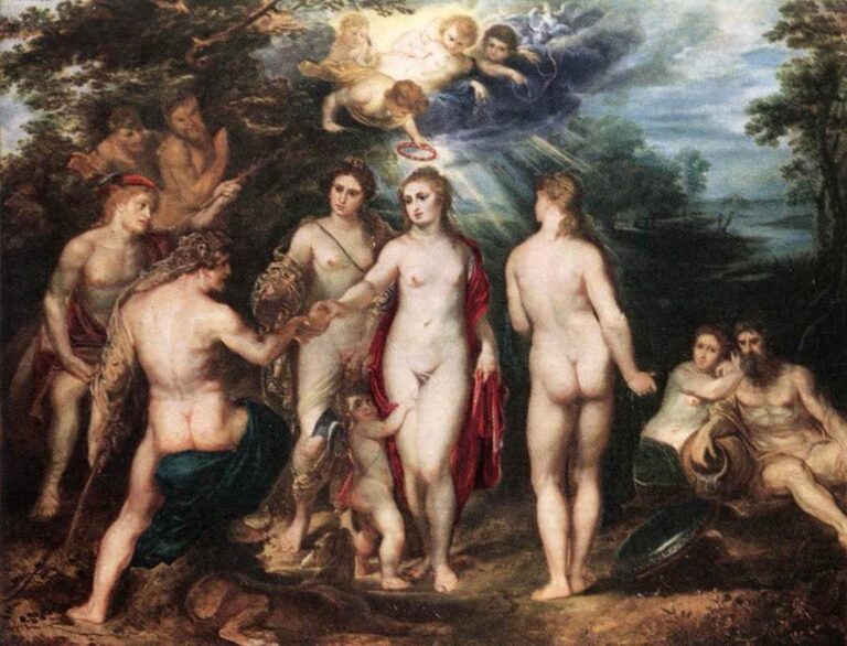 In a wooded glade Paris judges three nude goddesses—Minerva with helmet and aegis, Juno regal at center, and Venus with Cupid and a red drapery—while Mercury stands nearby; putti display the golden apple in a bright cloud above and a river god with nymphs reclines at right, all painted in Rubens’s warm, luminous style.