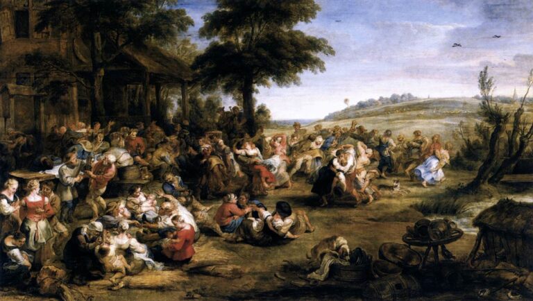 Wide Baroque painting by Peter Paul Rubens showing a crowded Flemish village festival with peasants dancing, drinking, nursing children, and talking outside an inn, set in a sunny rural landscape with trees, fields, and a broad blue sky.