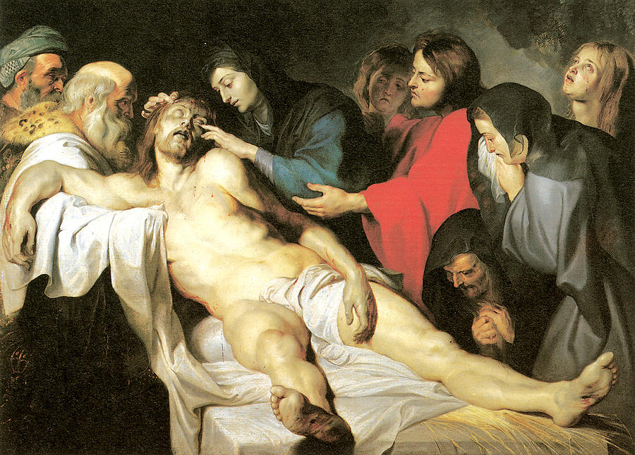 Baroque painting by Peter Paul Rubens showing the dead Christ lying on a white shroud while the Virgin Mary and other mourners lean over him in grief, their faces illuminated against a dark background.