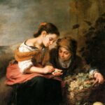 Painting of two young girls seated beside a large basket of grapes and melons, one girl counting coins in her hand while the other leans in to watch, set against a soft rustic landscape under a cloudy sky.