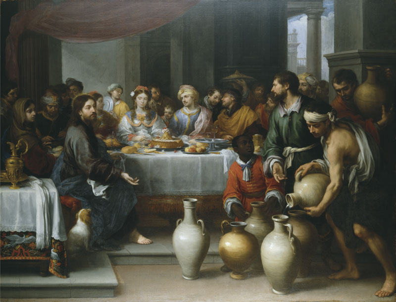 Large Baroque painting by Bartolomé Esteban Murillo showing Christ seated at the end of a crowded wedding banquet table while servants in the foreground handle large water jars, illustrating the miracle of the marriage feast at Cana.