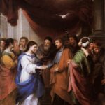 Baroque painting by Bartolome Esteban Murillo showing the marriage of the Virgin Mary and Saint Joseph, surrounded by witnesses under a red curtain with a dove of the Holy Spirit above.