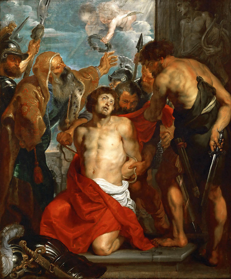 Baroque painting “The Martyrdom of Saint George” by Peter Paul Rubens showing the kneeling, half-nude saint in a red cloak surrounded by soldiers as angels descend from an opening sky with a crown and palm of martyrdom.