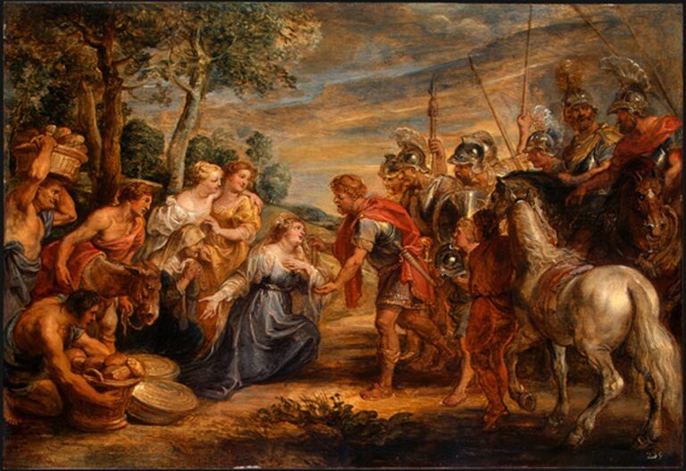 Baroque painting by Peter Paul Rubens showing Abigail kneeling on a country road offering gifts and pleading with the armored David, who stands with his soldiers and horses, while her servants unload baskets of provisions and women look on anxiously against a warm, tree-lined landscape.