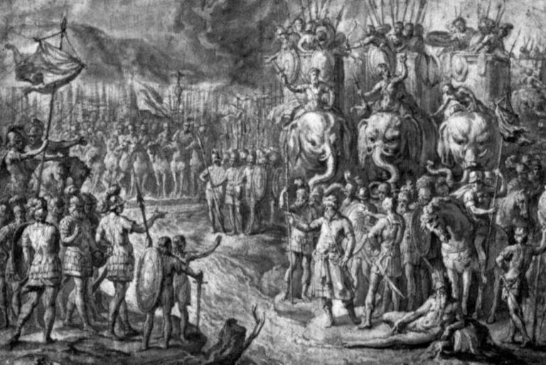 Monochrome Rubens scene showing Roman soldiers facing Carthaginian troops with war elephants as Scipio and Hannibal meet in the center surrounded by dense ranks of warriors, banners, and smoke filled sky.