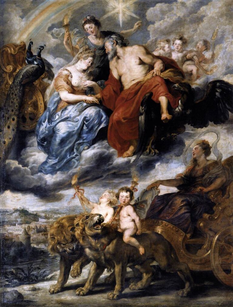 Large Baroque allegory by Peter Paul Rubens showing Jupiter on an eagle and Juno with peacocks blessing the seated Marie de’ Medici; putti and attendants hold marriage torches; a majestic matron in a golden chariot drawn by lions approaches; a star and rainbow shine overhead; the city of Lyons spreads in the distance below.