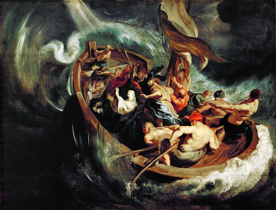 Dramatic Baroque seascape of a crowded boat pitching in a storm; oarsmen strain against crashing waves while a veiled Saint Walburga prays at the center as wind and light spiral toward her, a swollen sail whipping overhead.