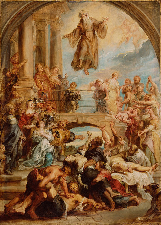 Baroque painting by Peter Paul Rubens showing Saint Francis of Paola levitating in brown robes beneath a great arch while crowds of sick, desperate, and amazed people fill the steps and balconies below, reacting to his miracles amid grand classical architecture and a bright, clouded sky.