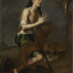 Baroque painting of the Prodigal Son kneeling on rough ground in ragged clothes, hands clasped in prayer, looking up toward a faint light in a stormy sky, with a tree to the right and distant pigs and farm buildings in the background.