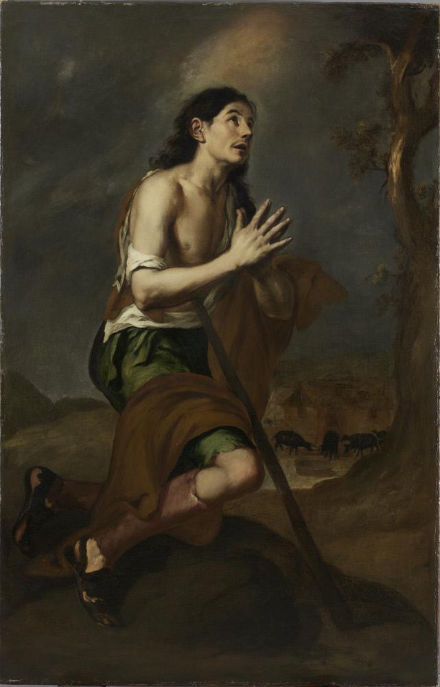 Baroque painting of the Prodigal Son kneeling on rough ground in ragged clothes, hands clasped in prayer, looking up toward a faint light in a stormy sky, with a tree to the right and distant pigs and farm buildings in the background.