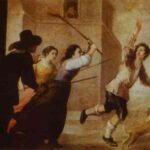 Baroque painting of the prodigal son stumbling out of a doorway as two women and a man chase him with sticks and a broom, while a small dog barks at his heels in a warm toned urban street setting.