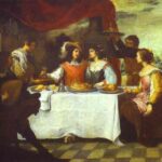 Painting by Bartolomé Esteban Murillo showing the prodigal son richly dressed at a white table surrounded by courtesans, servants, and a musician, with abundant food and a red canopy in a garden terrace setting.