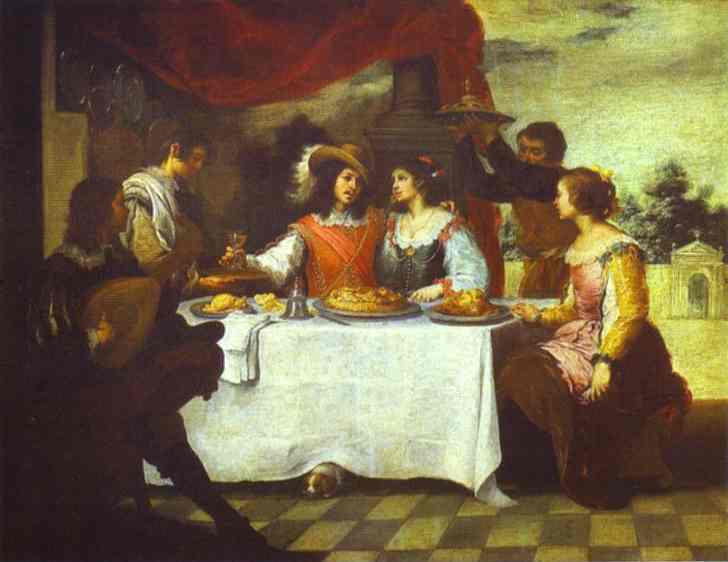 Painting by Bartolomé Esteban Murillo showing the prodigal son richly dressed at a white table surrounded by courtesans, servants, and a musician, with abundant food and a red canopy in a garden terrace setting.
