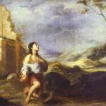 Painting by Murillo showing the Prodigal Son barefoot and kneeling in rags among pigs near a ruined building, looking up toward a dramatic cloudy sky in a barren landscape.