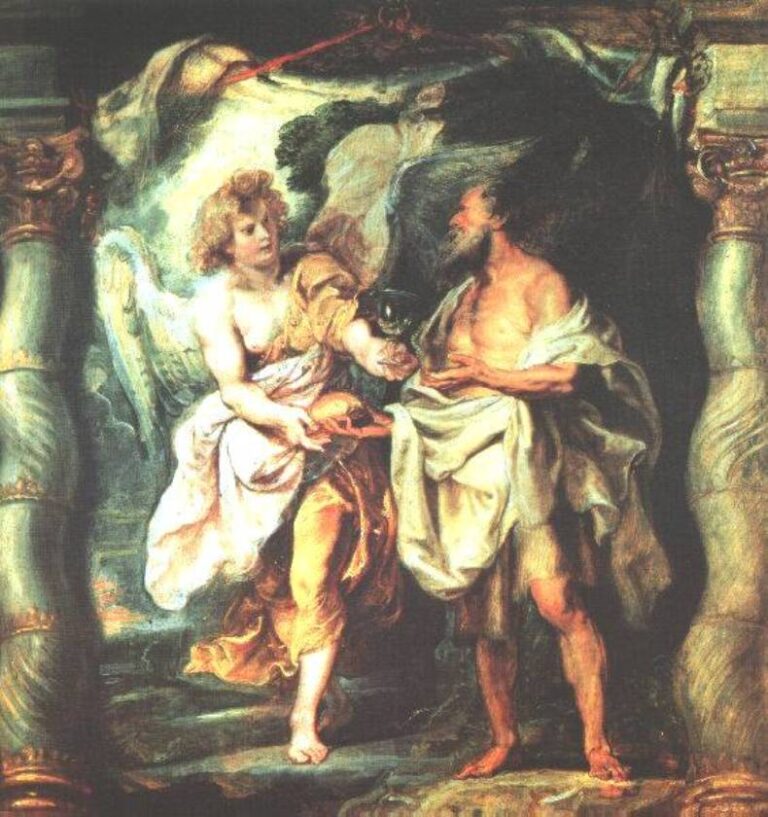 Baroque painting by Peter Paul Rubens showing an angel stepping forward with bread and a cup to the weary prophet Elijah, both framed by twisted columns, with swirling draperies and warm light illuminating the intimate exchange.