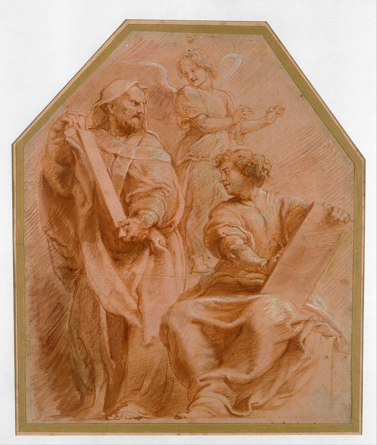 Red-chalk drawing “The Prophets David and Daniel” by Peter Paul Rubens showing a standing bearded prophet with a scroll, a younger seated prophet holding another scroll, and an angel behind them on a warm toned paper ground.