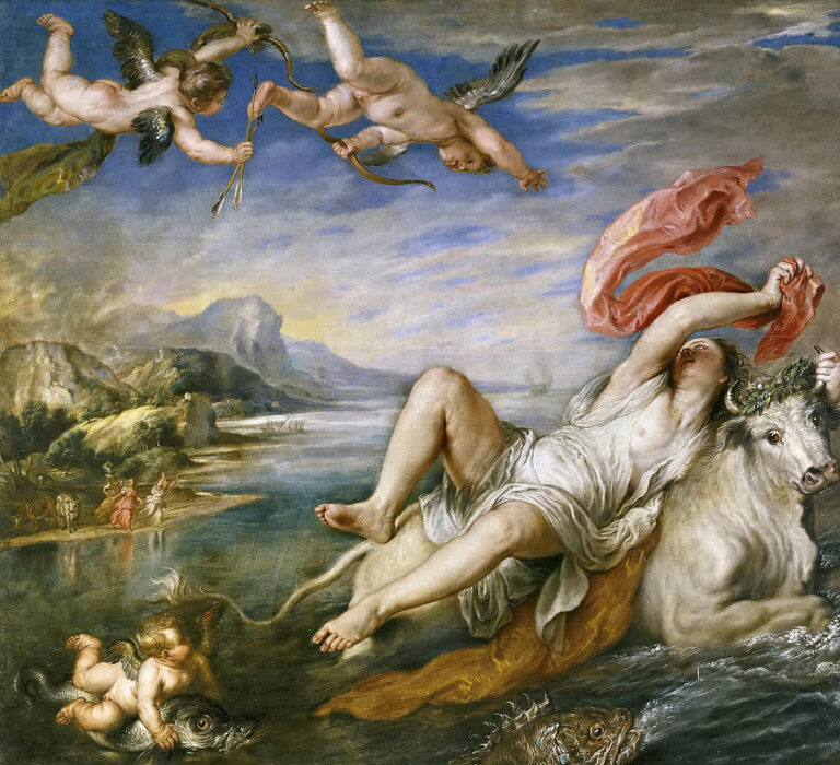 Baroque painting by Peter Paul Rubens showing Europa sprawled on the back of a white bull in the sea, her red drapery whipping in the air, surrounded by flying cupids and a putto riding a fish, with a distant shoreline and rocky landscape under a glowing sky.
