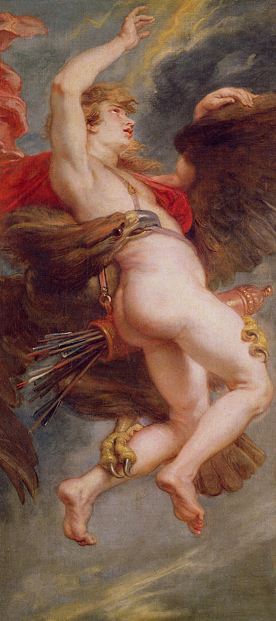 Baroque painting “The Abduction of Ganymede” by Peter Paul Rubens showing a nude youthful Ganymede twisting upward through a cloudy sky as a powerful brown eagle grasps his thigh with its talons and enfolds him with its wings, a red cloak billowing behind him and a quiver of arrows at his hip.