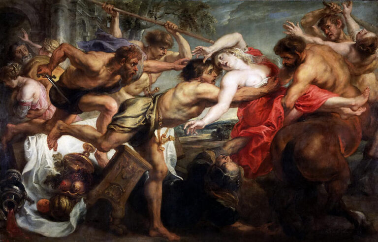 Baroque painting by Peter Paul Rubens showing the centaur Eurytion violently abducting Hippodamia in a red dress while warriors and other centaurs struggle around them, with overturned banquet vessels and swirling bodies filling the scene.